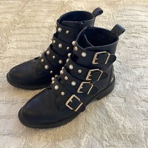 Steve Madden black leather studded and pearl moto boots